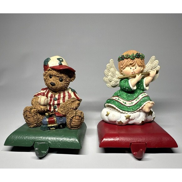 Unbranded Other - Vintage 2 Pack Hand Painted Steel Christmas Figurines Teddy Bear & Angel